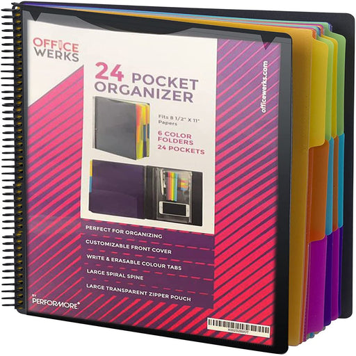 24 Pocket Spiral Project Organizer with 12 Dividers, Fits 8.5" X 11" Letter Size Papers Folder Organizer Binder with Front Cover and Customizable Cover, Erasable Write on Tabs for Documents Files