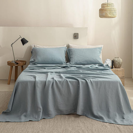 Simple&Opulence 100% Linen Sheet Set Solid Color-4 Pcs Washed French Linen Bed Sheets(1 Flat Sheet,1 Fitted Sheet,2 Pillowcases)-Breathable Bedding Set (Dusty Blue, Queen)