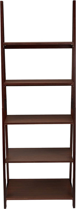Modern 5-Tier Ladder Bookshelf Organizer, Solid Rubberwood Frame - Espresso Finish
