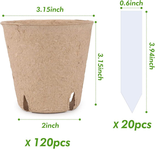 Peat Pots, 120 Pcs 3.15 Inch Seed Starting Pots with Drainage Holes round Nursery Pot, Biodegradable Plants Pots with Bonus 20 Plant Labels