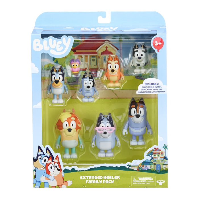 Bluey, Extended Heeler Family Pack, 2.5-3 Inch Figures, Bluey, Bingo, Socks, Muffin, Uncle Stripe, Uncle Rad, Nana and Chattermax, Preschool, Toys for Kids, Ages 3+