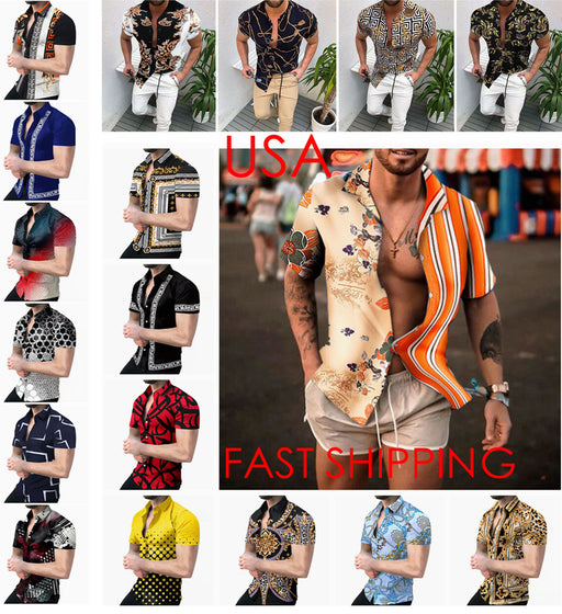 ⭐⭐Button up Shirt Men Baroque Fashion Hawaiian Short Sleeve T Casual Party Dress