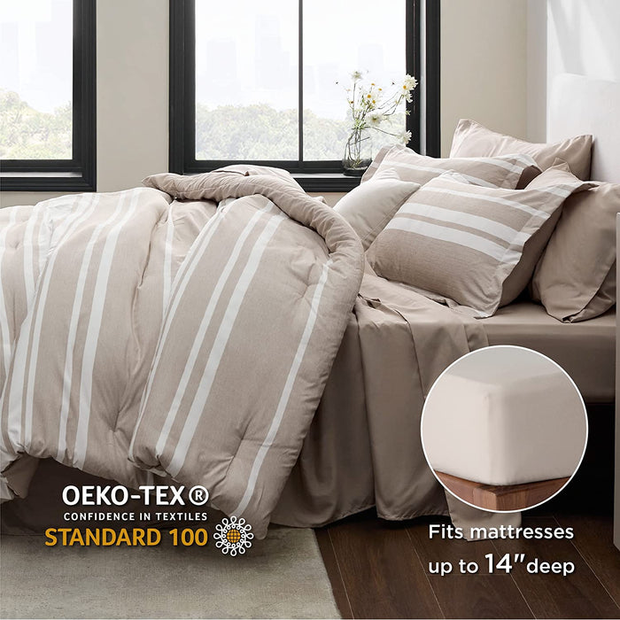 Bedsure Bed in a Bag Full Size 7-Piece Khaki White Striped Bedding Comforter Sets All Season Bed Set, 2 Pillow Shams, Flat Sheet, Fitted Sheet and 2 Pillowcases