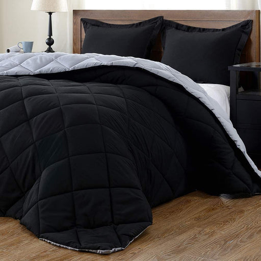 Lightweight Solid Comforter Set (King) with 2 Pillow Shams - 3-Piece Set - Black and Grey - down Alternative Reversible Comforter