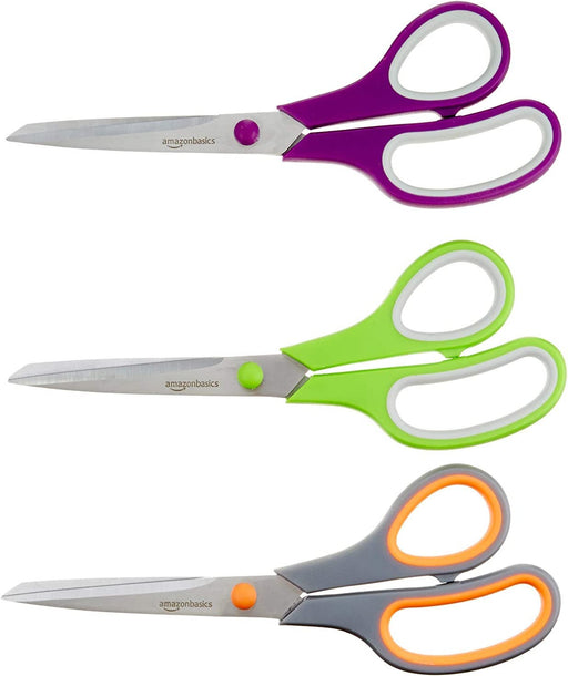 Amazon Basics Multipurpose, Comfort Grip, PVD Coated, Stainless Steel Office Scissors - Pack of 3