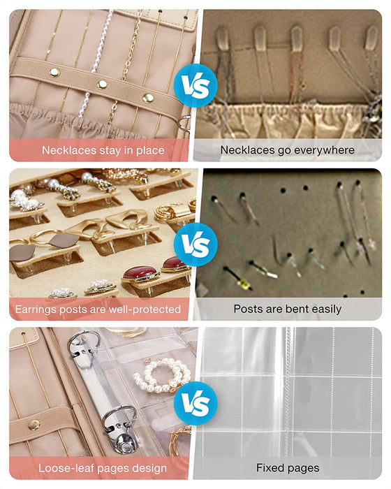 Jewelry Travel Organizer Case Transparent Jewelry Storage Book Ring Binder Jewelry Bags Clear Booklet Zipper Pouch Bag for Necklaces, Earrings, Rings, Bracelets, Pink
