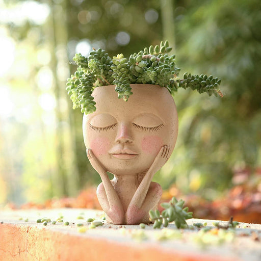 Face Flower Pot Head Planter Pot Succulent Planter Cute Resin Cactus Planter with Drainage Hole Closed Eyes