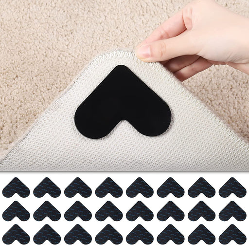 24 PCS Rug Corner Grippers, Resuable Double Sided Non-Slip Rug Pads, Washable Area Rug Pad Carpet Tape Corner Side Mat Gripper for Hardwood Floors and Tile (Love, Black)
