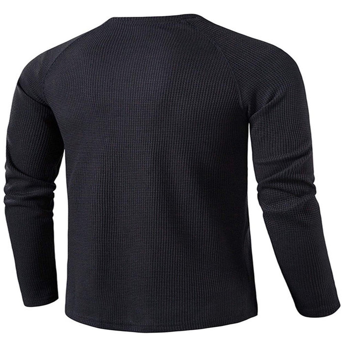 Mens Fashion Waffle T Shirts Henley Neck Solid Color Pullover Work Long Sleeve T-Shirt Black XL