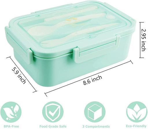 Kids Lunch Box - 3 Compartment Leakproof Lunch Container with Spoon & Fork - BPA Free - Portion-Controlled Meals and Snack Packing (Green)