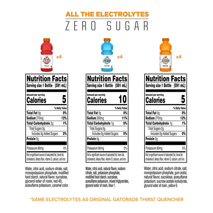 G Zero Thirst Quencher, 3 Flavor Variety Pack, 20Oz Bottles (12 Pack)