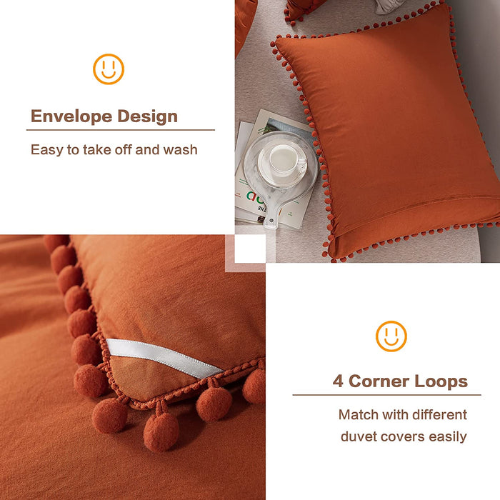 Terracotta Pom Comforter Full(79X90 Inch), 3 Pieces (1 Comforter, 2 Pillowcases) Luxurious Ball Pom Fringe Design Comforter Set, Soft Microfiber down Alternative Bedding Set