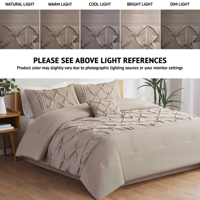 Comfort Spaces Cavoy Faux Silk 5-Piece Tufted Taupe Comforter Set with Bed Skirt and Decorative Pillow, King