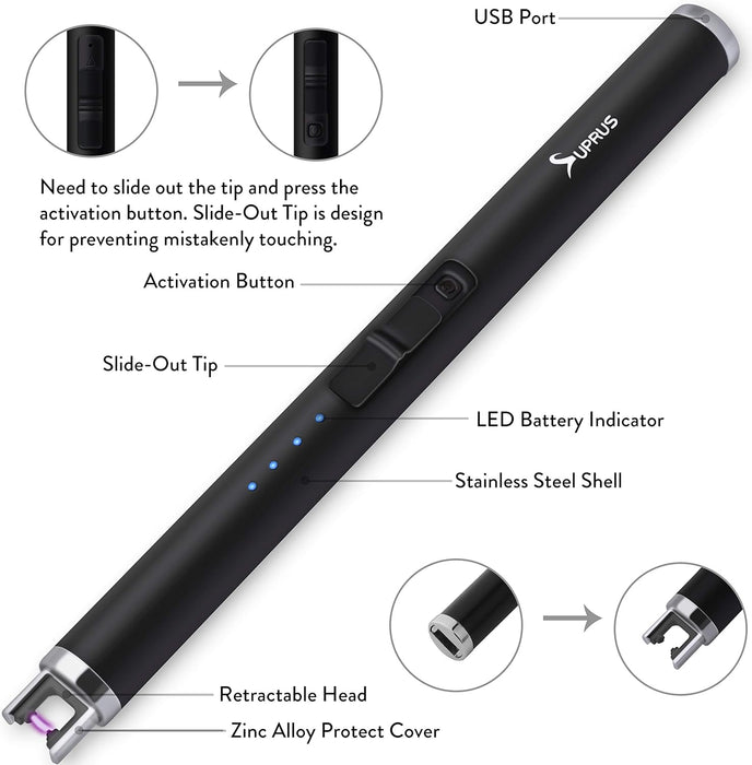 Lighter Electric Candle USB Type C Rechargeable Lighter with Upgraded LED Battery Display Safety Switch Flameless Plasma Windproof for Cooking Bbqs Fireworks