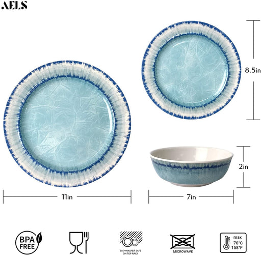 Melamine Dinnerware Set of 12 Pcs Dinner Dishes Set for Indoor and Outdoor Use, Dishwasher Safe, Lightweight Unbreakable, BPA Free, Light Blue