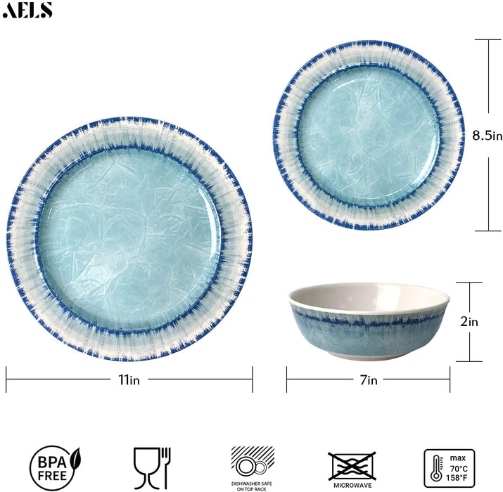 Melamine Dinnerware Set of 12 Pcs Dinner Dishes Set for Indoor and Outdoor Use, Dishwasher Safe, Lightweight Unbreakable, BPA Free, Light Blue