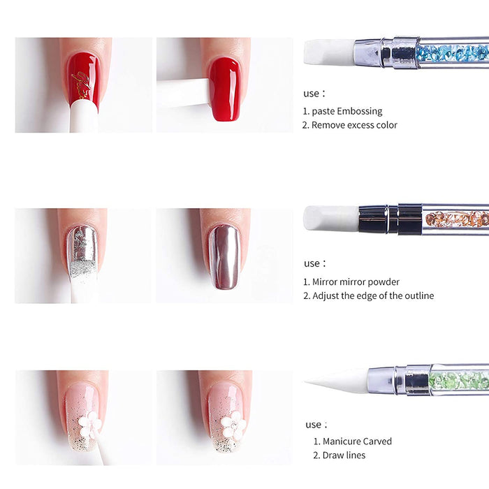 5Pcs Silicone Nail Art Acrylic Pen Brushes Set Rhinestone Nail Polish Carving Pen Rubber Tip Nail Brushes for 3D Effect Shaping Drawing Dotting Tools.