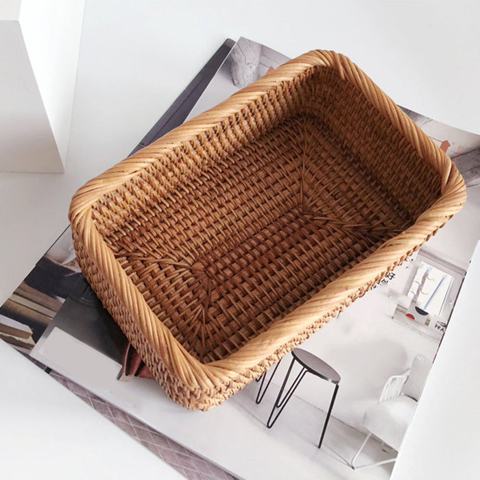 Hand-Woven Rectangular Rattan Wicker Basket Kitchen Household Tools-S