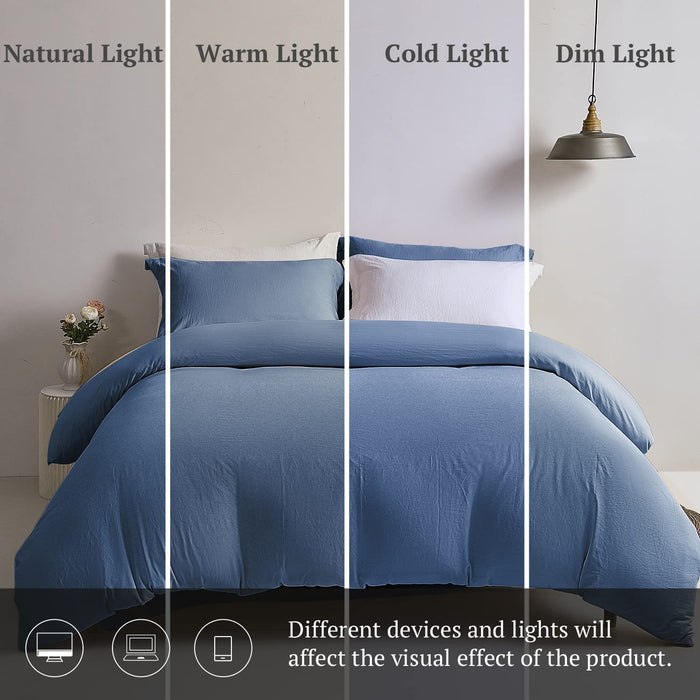 Super Soft Duvet Cover - 100% Washed Microfiber Light Denim Comforter Cover Set 3 Pieces Queen Size Bedding Set with Zipper Closure & Corner Ties