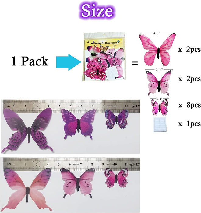Butterfly Wall Decals 48PCS 3D Butterflies Decor Removable Mural Sticker Wall Art Home Decoration Kid Girl Bedroom Bathroom Baby Room Nursery Classroom Office Party (Pink Purple)