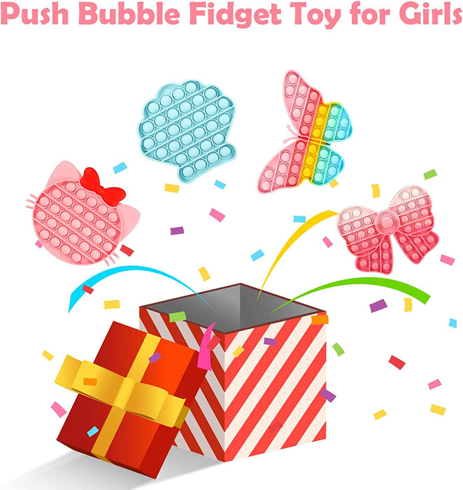 Girls Push Bubble Fidget Toys 4 Packs with Pop Sound, Pastel Rainbow Butterfly Pink Cute Kitten Cat Bow Blue Seashell Popper Autism Sensory Stress Reliever Toys for Toddlers Kids Car Travel