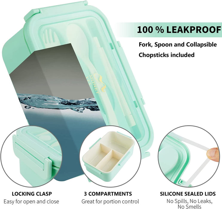Kids Lunch Box - 3 Compartment Leakproof Lunch Container with Spoon & Fork - BPA Free - Portion-Controlled Meals and Snack Packing (Green)
