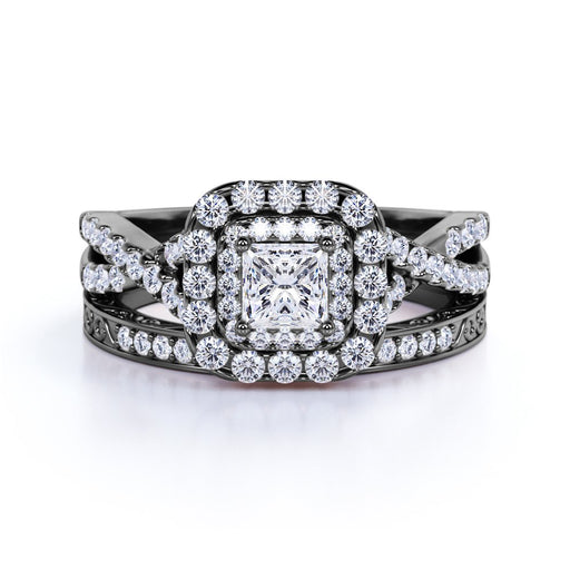 1.25 Ct - Square Moissanite - Double Halo - Twisted Band - Vintage Inspired - Pave - Gothic Wedding Ring Set in 18K Black Gold over Silver