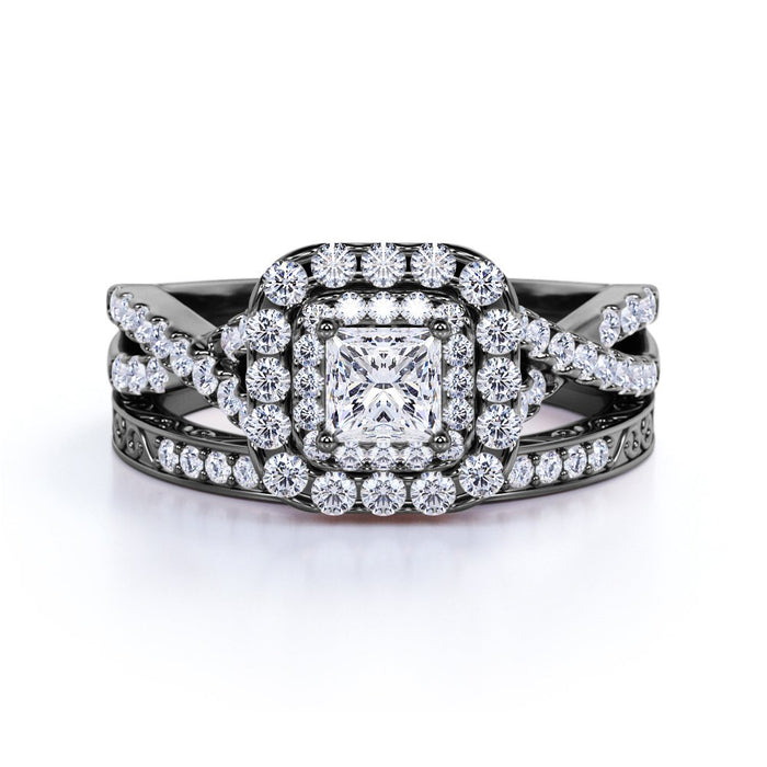1.25 Ct - Square Moissanite - Double Halo - Twisted Band - Vintage Inspired - Pave - Gothic Wedding Ring Set in 18K Black Gold over Silver