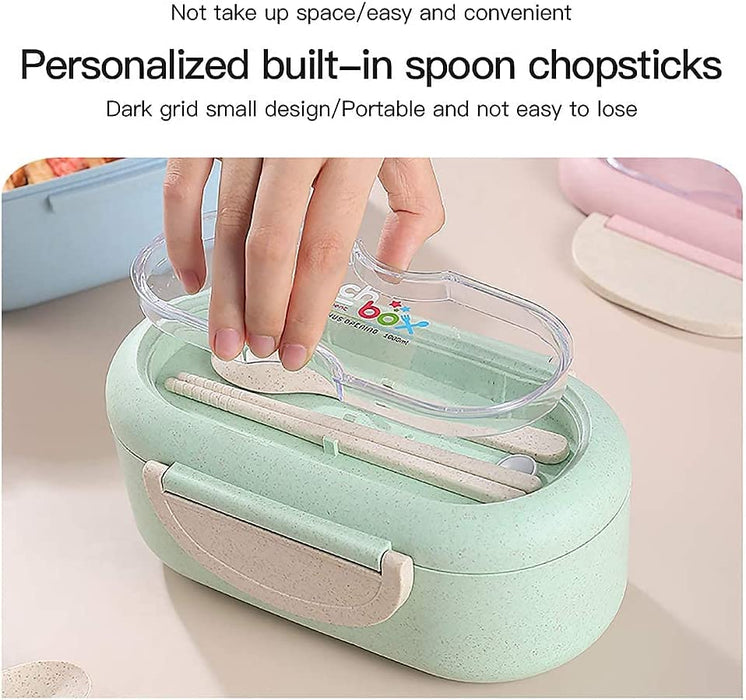 Bento Box, Natural Wheat Safety 1000 ML Lunch Box Leakproof Food Storage Container with Fork Chopsticks, Spoon for Kids Adults, Microwavable, Dishwasher Safe, Pink
