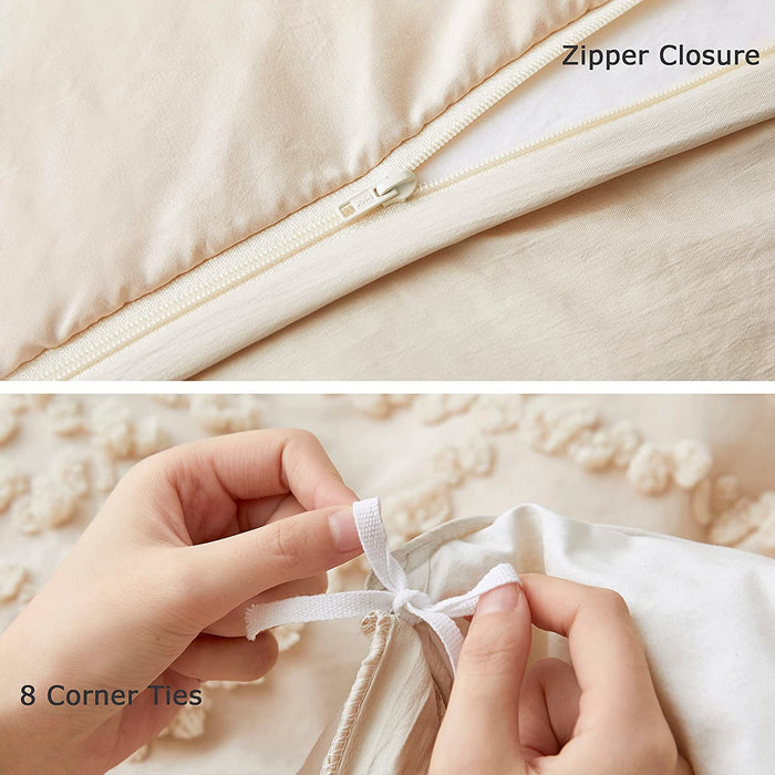 Oli Anderson Duvet Cover Queen Size, 3 Pieces Boho Tufted Bedding Set for All Seasons, Soft and Embroidery Shabby Chic Duvet Covers Set with Zipper Closure (Beige, Queen, 90’’ X 90’’)