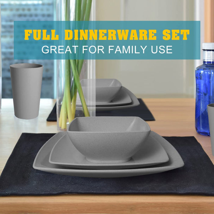 24-Piece Wheat Straw Square Dinnerware Set for 6, Unbreakable Dinner Plates, Salad Plates, Snack Bowls, Tumblers 20 Oz, Dishwasher Safe (Service for 6 (24 Pieces), Grey)