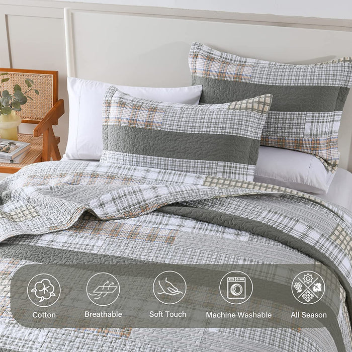 Quilt Queen Size 100% Cotton Queen Size Quilts Greyish Green White Bedspreads Plaid Quilts Lightweight Soft Breathable Bedding Sets for All Season, 3 Piece