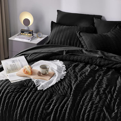 Queen Seersucker Comforter Set with Sheets Black Bed in a Bag 7-Pieces All Season Bedding Sets with Comforter, Pillow Sham, Flat Sheet, Fitted Sheet, Pillowcase