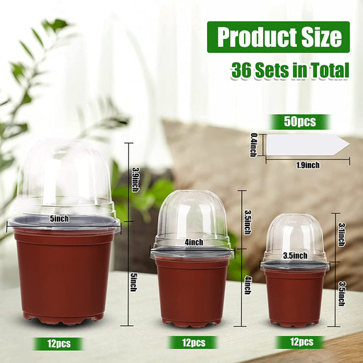 36Packs 5/4/3.5 Inch Nursery Pots with Clear Humidity Domes, Seed Starting Pots with Drainage Holes, Garden Containers for Seedlings, Succulents,Cuttings,Flowers and Vegetables with 50PCS Plant Labels