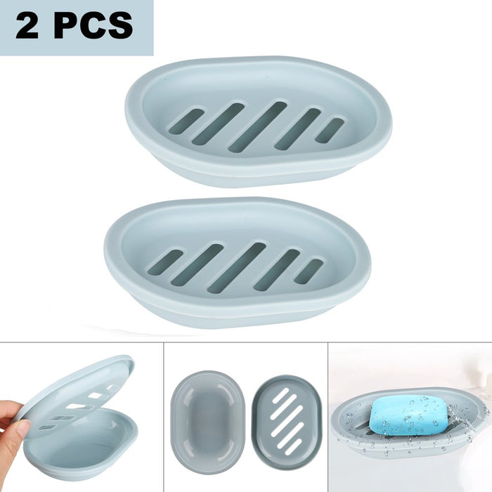 2Pcs Soap Dish with Drain, Soap Holder with Water Tray, Easy Cleaning Soap Saver Dry Stop, Mushy Soap Tray for Shower Bathroom Kitchen, Grey/Green/Blue/Pink