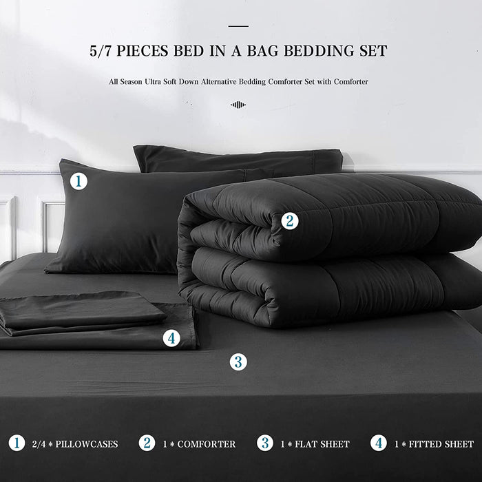 Full Size 7 Pieces Bed in a Bag Bedding Set - Lightweight Black Quilted Comforter Set, All Season Ultra Soft down Alternative Bedding Comforter Set with Comforter, Pillowcase, Flat Sheet, Fitted Sheet