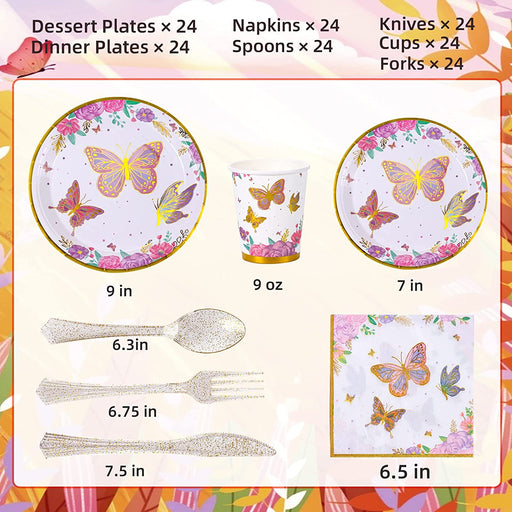 Butterfly Birthday Party Supplies, Butterfly Party Plates, Cups, Napkins and Cutlery, Butterfly Party Decorations for Baby Shower, Birthday, Butterfly Fairy Themed Parties Serves 24