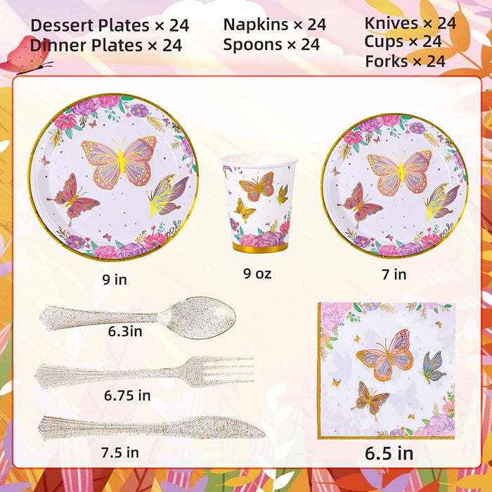 Butterfly Birthday Party Supplies, Butterfly Party Plates, Cups, Napkins and Cutlery, Butterfly Party Decorations for Baby Shower, Birthday, Butterfly Fairy Themed Parties Serves 24