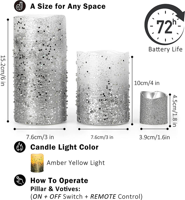 Furora LIGHTING LED Flameless Candles with Remote – Battery-Operated Flameless Candles Bulk Set of 8 Fake Candles – Small Flameless Candles & Christmas Centerpieces for Tables, Silver Glittery