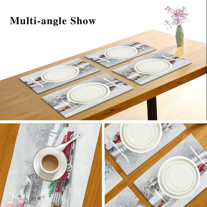 Pfrewn Winter Red Truck Dog Snow Placemats Set of 6 Table Mat Christmas Snowflake Place Mat Double-Sided Print 12" X 18" Dining Home Kitchen Xmas Table Decoration