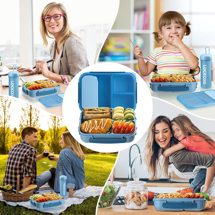 Bento Box for Adults, 1700ML Lunch Bento Box for Kids Childrens with Spoon&Fork&Knife&Water Bottle - Bpa-Free,Leak-Proof for On-The-Go Meal,Lunch Containers Microwave/Dishwasher Safe (Blue)