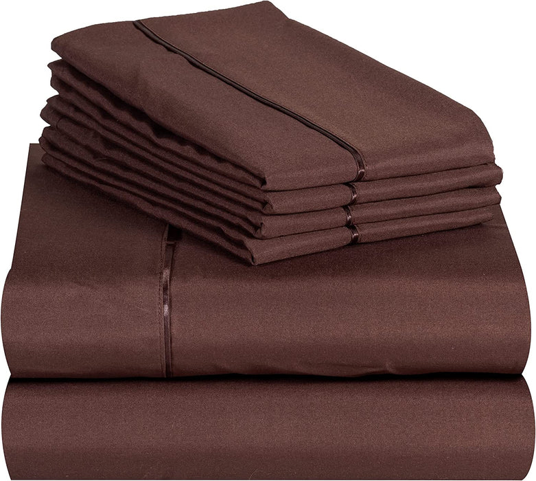 6 PC Sheet Set Sheets Deep Pockets 18" Eco Friendly Wrinkle Free Sheets Machine Washable Hotel Bedding Silky Soft - Brown Queen