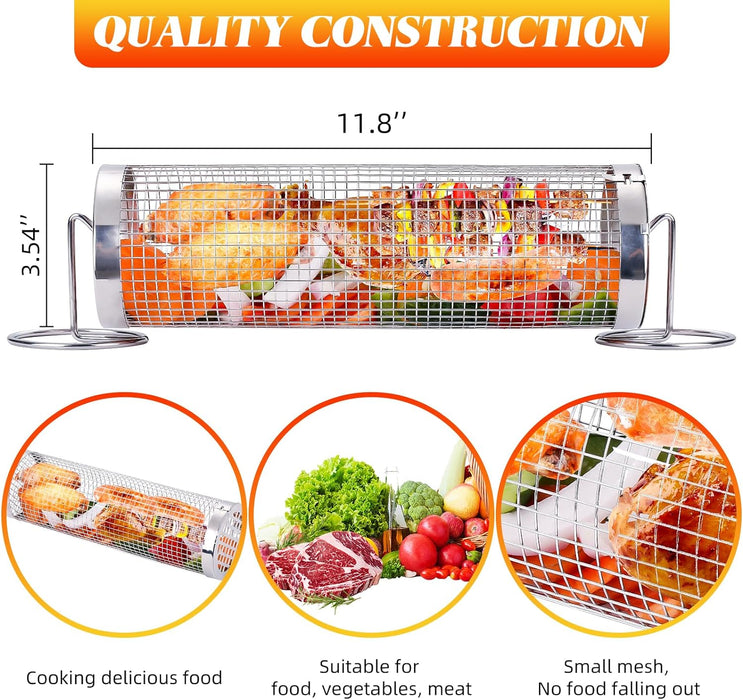 Rolling Grill Baskets for Outdoor Grilling : 2 Pcs Stainless Steel Grill Mesh, Rolling Grill Baskets for Outdoor Grill, Portable Grill Nets Cylinder for Shrimp, Meat Barbecue Camping Picnic with Forks