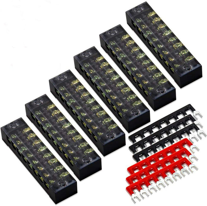 Terminal Block and Strip - 12Pcs (6 Sets) 4 Positions Dual Row 600V 25A Screw Terminal Strip Blocks with Cover + 400V 25A 4 Positions Pre-Insulated Terminals Barrier Strip Black & Red