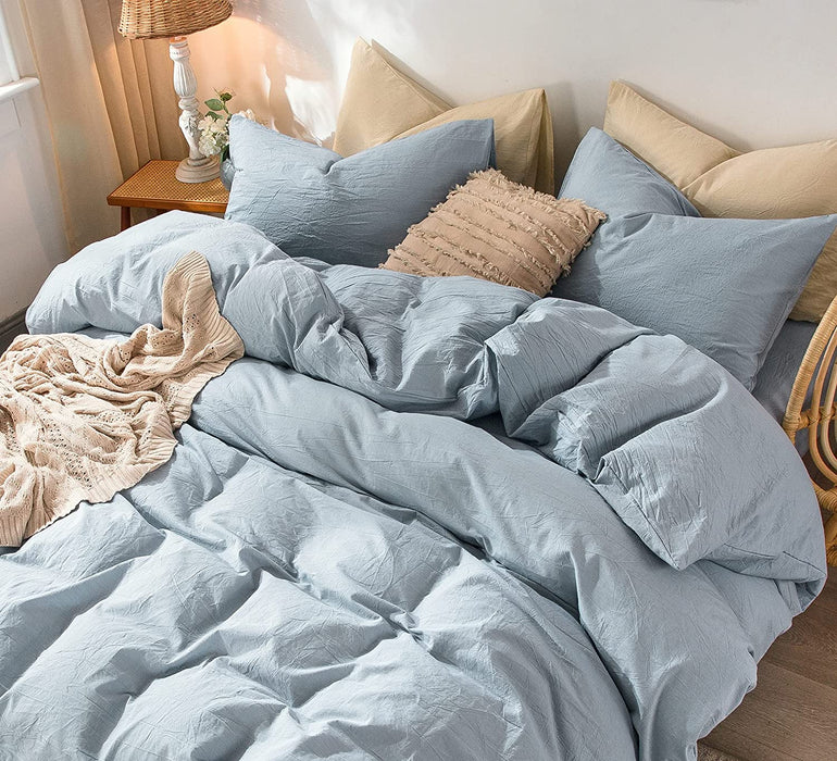 Bedding Duvet Cover Set 100% Washed Cotton Linen like Textured Breathable Durable Soft Comfy (Cornflower Blue, Queen)