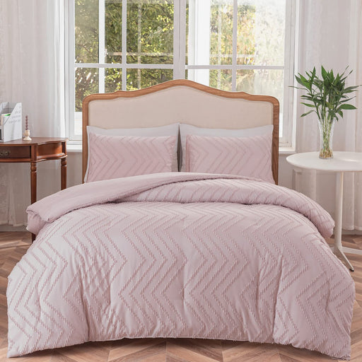 Queen Size Comforter Set, Chevron Tufted Design Blush Pink , Boho Bedding for Queen Bed ,Lightweight and Fluffy for All Seasons, 3 Piece