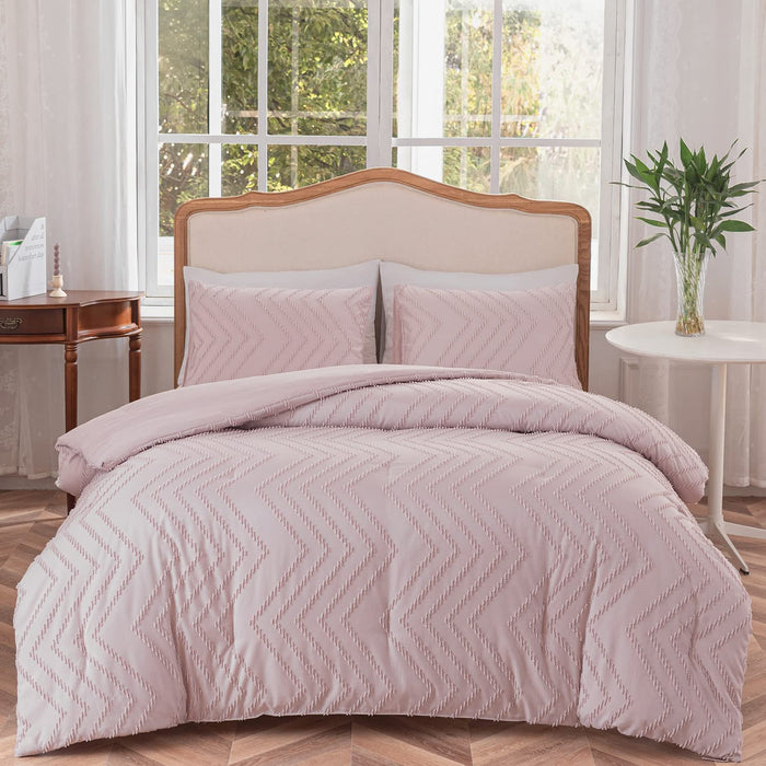 Queen Size Comforter Set, Chevron Tufted Design Blush Pink , Boho Bedding for Queen Bed ,Lightweight and Fluffy for All Seasons, 3 Piece