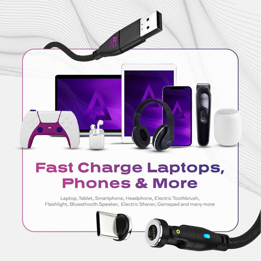 360 Pro Magnetic Charging Cable 100W Fast Charge Type C and Micro USB Magnet Connectors, 100 W Magnetic Charge Cable 6Ft / 2M, Data Transfer Capable, Compatible with All Devices