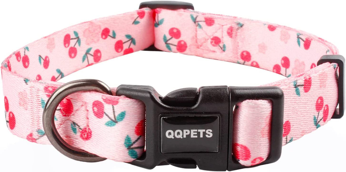 QQPETS Adjustable Soft Dog Collar: Print Flower Pink Multicolor Cute Patterns for XS Small Medium Large Pet Girl Boy Puppy Walking Running Training (M, Bone)