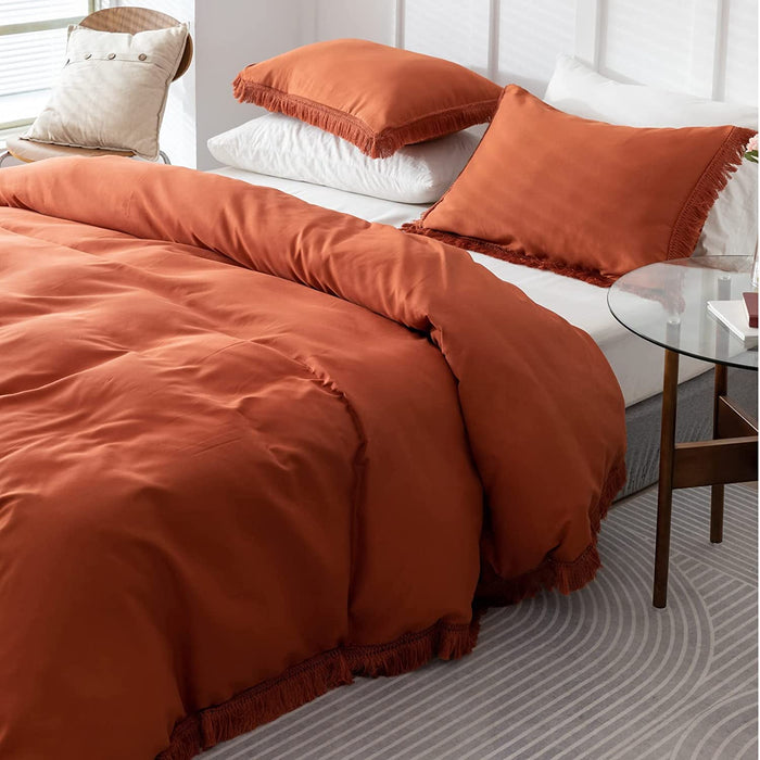 Terracotta Comforter Set Queen Size, 3 Pcs Boho Fringe Tufted Soft Microfiber Bedding Sets, Tassel Burnt Orange Comforter Sets for All Season (1 Comforter + 2 Pillowcases)